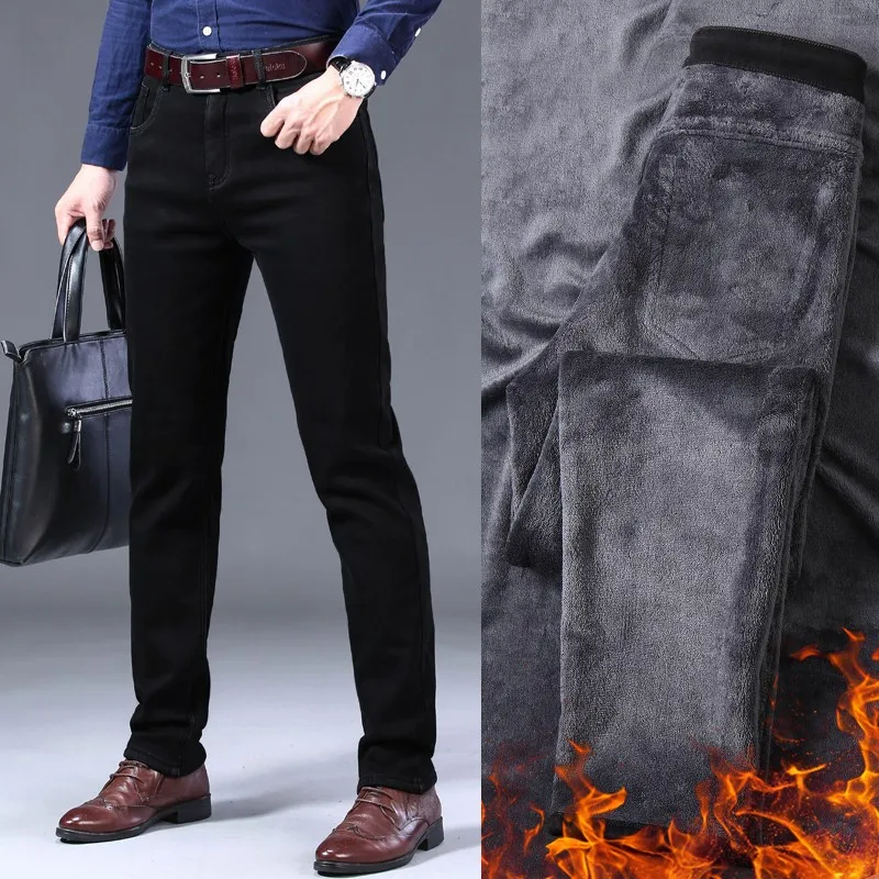 2025 New Business Casual Trousers Grey Fleece Men Clothes Black Blue Elasticity Warm Winter Jeans Velvet Jeans 28-40