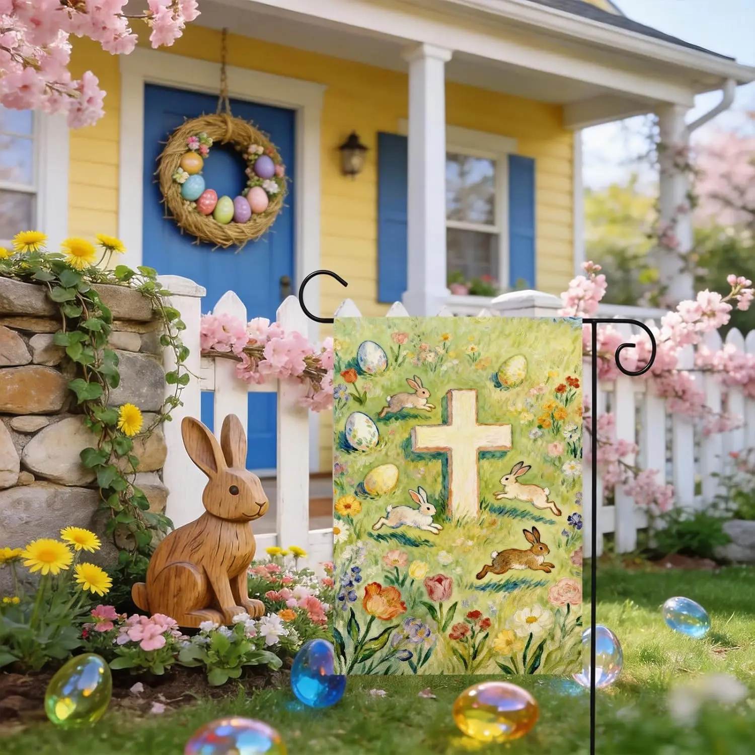 Easter Garden Flag 12x18 Inch Double Sided Colorful WildFlowers Small Cute Bunny Rabbits Eggs Cross Spring Yard Flags for Ou ZZM