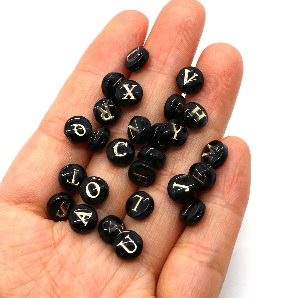 8mm A-Z Initial Letter Round Shell Bead Natural Black Resin Mother of Pearl Loose Letter Bead Jewelry Making DIY Accessories