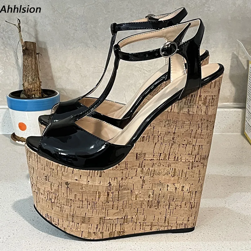 Ahhlsion Handmade Women Summer Shiny T-strap Sandals Wedges High Heeled Peep Toe Classics Black Party Shoes Ladies US Size 4-15