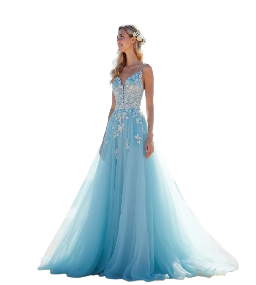 Destination Ice Blue Beach Wedding Dress 2026 Colored A Line Tulle Boho Gothic Bridal Gown Civil  Backless Spaghetti StrapLace