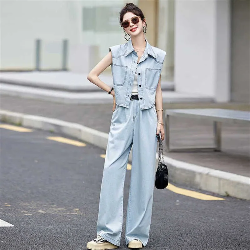 

Summer Sets 2023 new High-End Casual Denim Suit Female Size 5XL Slim Fashion Joker Eelastic Waist Jeans Two-Piece Suit Female