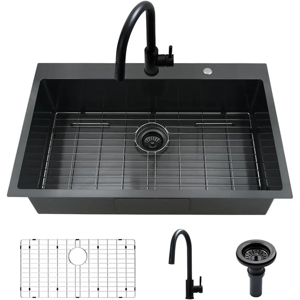 Fregadero de cocina negro 33 con grifo - Fregadero de cocina empotrable de 33 x 22 pulgadas, de montaje superior, de acero inoxidable negro, de un solo tazón profundo, para instalar sobre encimera