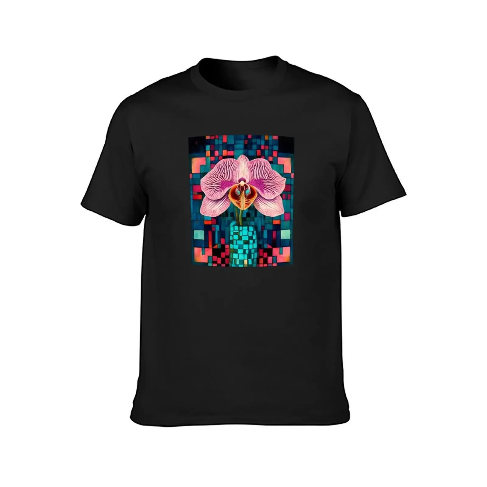 Beautiful orchid on a checkerboard background in turquoise and pink tones. T-Shirt vintage anime shirt designer t shirt men