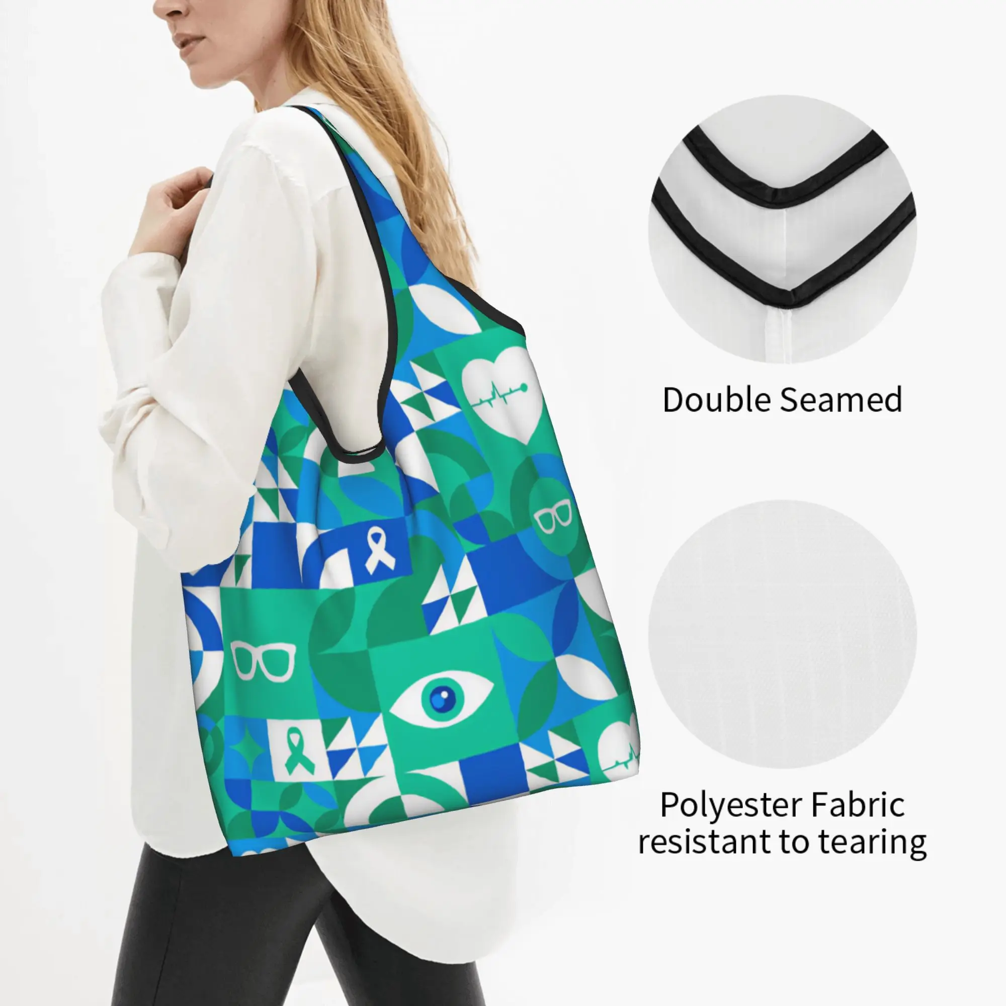 Cute AMD Low Vision Awareness Month Geometric Shopping Tote Bags Portable Optometrist Optician Grocery Shoulder Shopper Bag