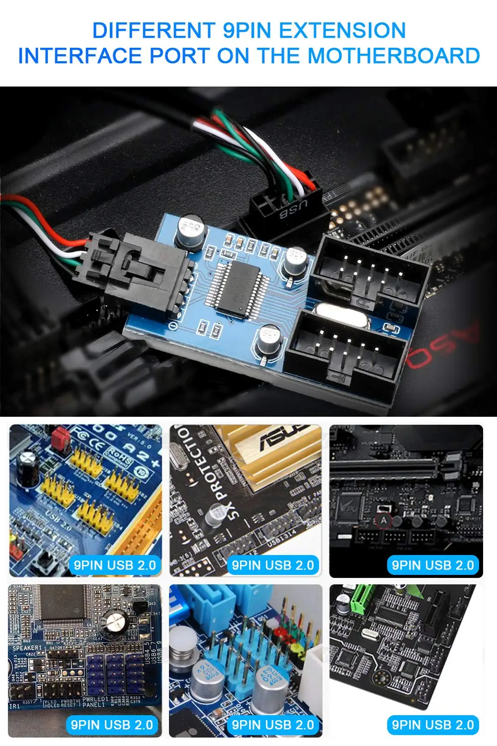 Motherboard USB 2.0 9-Pin Header to 2-Port Hub Splitter - 30CM Cable USB 9-Pin Internal Cable Adapter