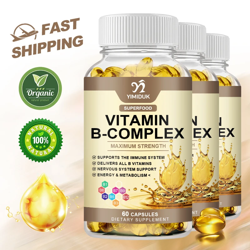 Vitamin B Capsules, Vitamin C and Folic Acid - B12, B1, B2, B3, Vitamin B5 Pantothenic Acid, B6, B7, B9 - Nervous System Support