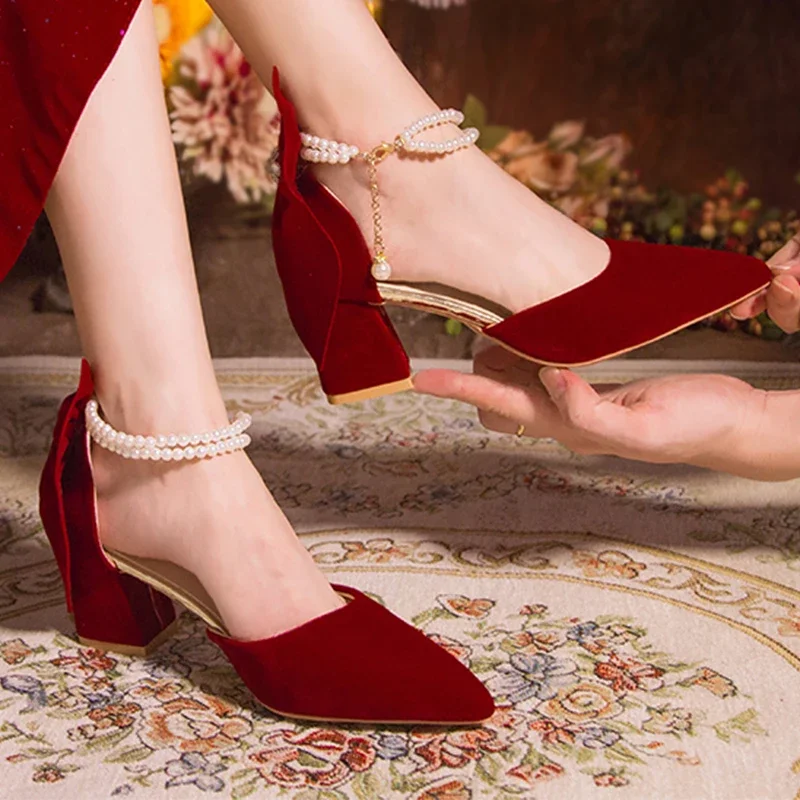 Luxury Pearl Chain Burgundy Red Suede Pumps Women Summer 2026 Elegant Red Velvet Bowknot Party Shoes Woman Chinese Wedding Shoes