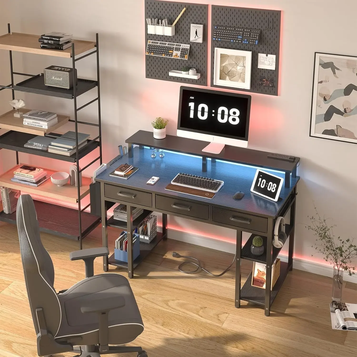 

Gaming Desk with Led Lights and Power Outlets, 47 Inch Home Office Desk with Monitor Stand & Shelves, Writing Study Computer Des