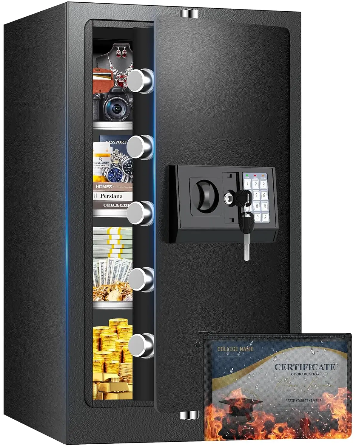 

Огнестойкий сейф для дома объемом 6,5 куб. футов, выдерживающий огонь до 35 минут, с огнеупорной водонепроницаемой сумкой, цифровой, с защитой от краж, настраиваемый