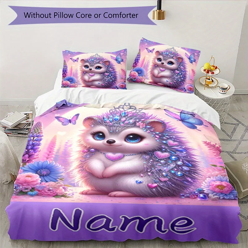Name Custom Bedding Set Purple Hedgehog Polyester Duvet Cover Single Twin Queen King Size for Home Decoration Birthday Gift
