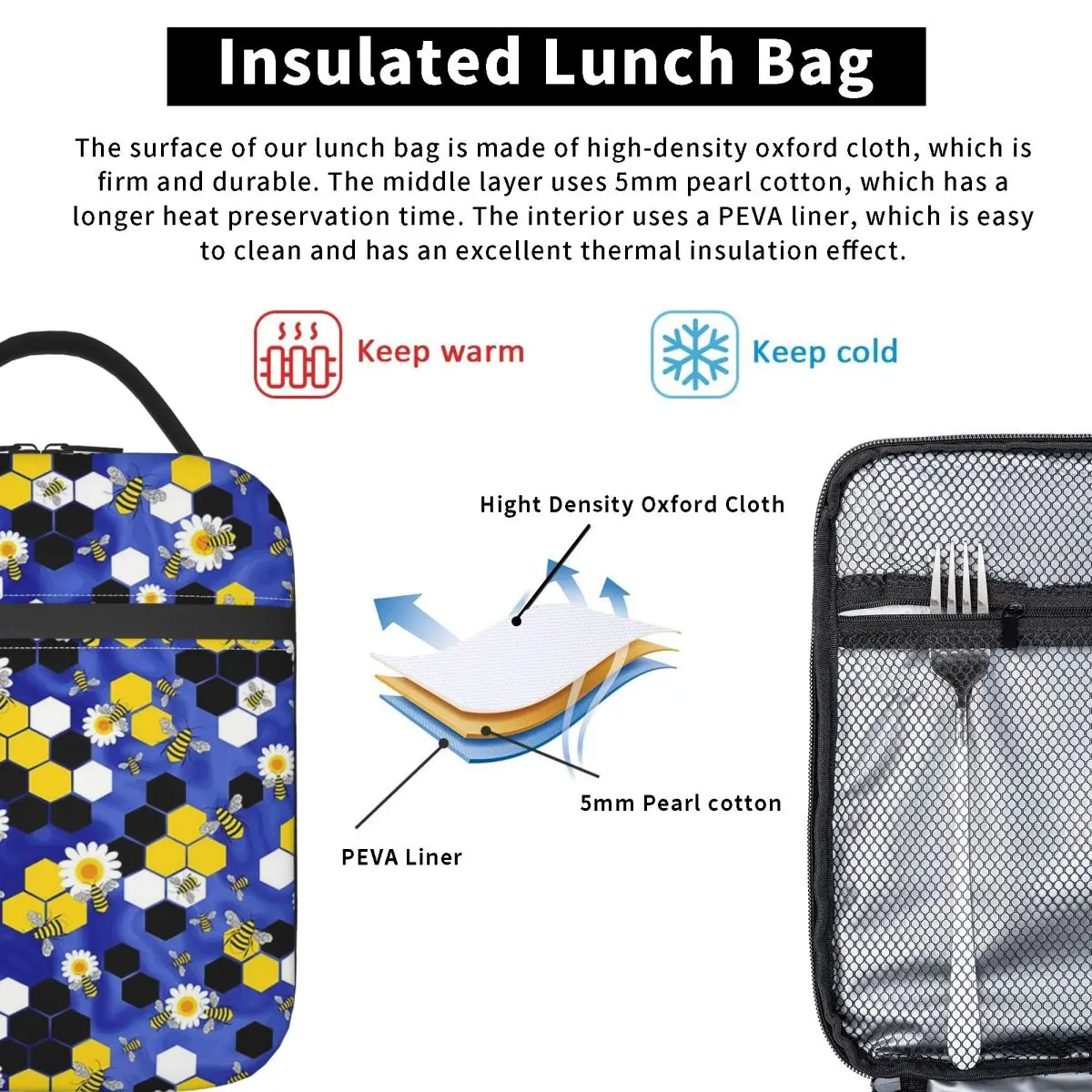 Cartoon Bee And Daisy In Blue Background Insulated Lunch Bag for Women Kids Portable Food Boxes Thermal Lunch Box Tote