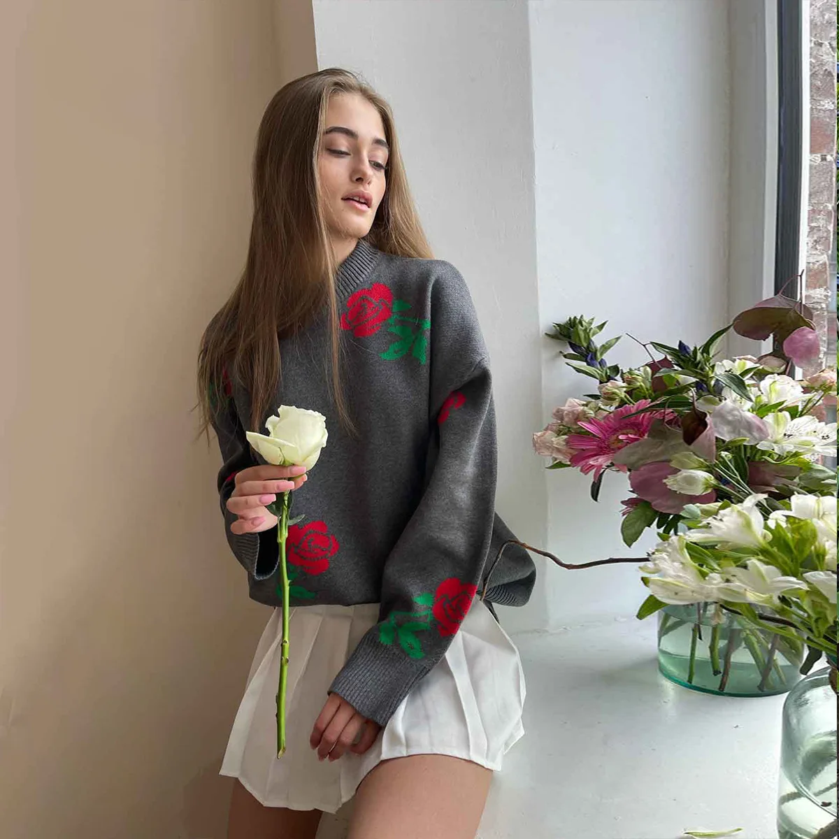 Original Rose Printed Knit Sweater Autumn and Winter Women's Fashion Personal Casual Loose Versatile Bottom Warm Hooded Sweater