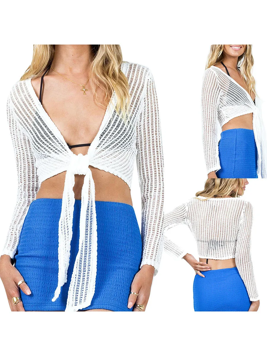 Women Fashion Knit Cardigan Solid Color Hollow-Out Long Sleeve Tie Knot Cropped Tops Summer Beach Holiday Bikini Cover-Ups