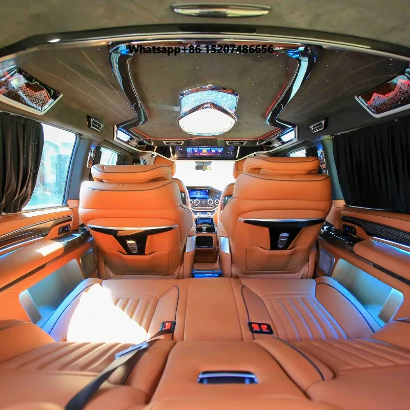 Carride High End Portable MPV Custom Cabin Orange Leather Seating Starry Sky Roof Neon Ambient Lights Privacy Aluminium Alloy