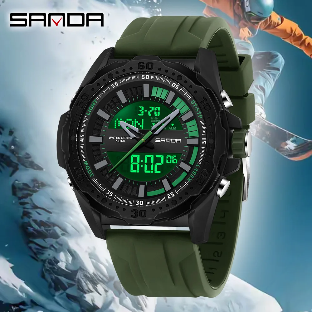 

SANDA Роскошные студенческие электронные часы с двойным дисплеем, модные спортивные многофункциональные водонепроницаемые светодиодные мужские электронные часы 3373