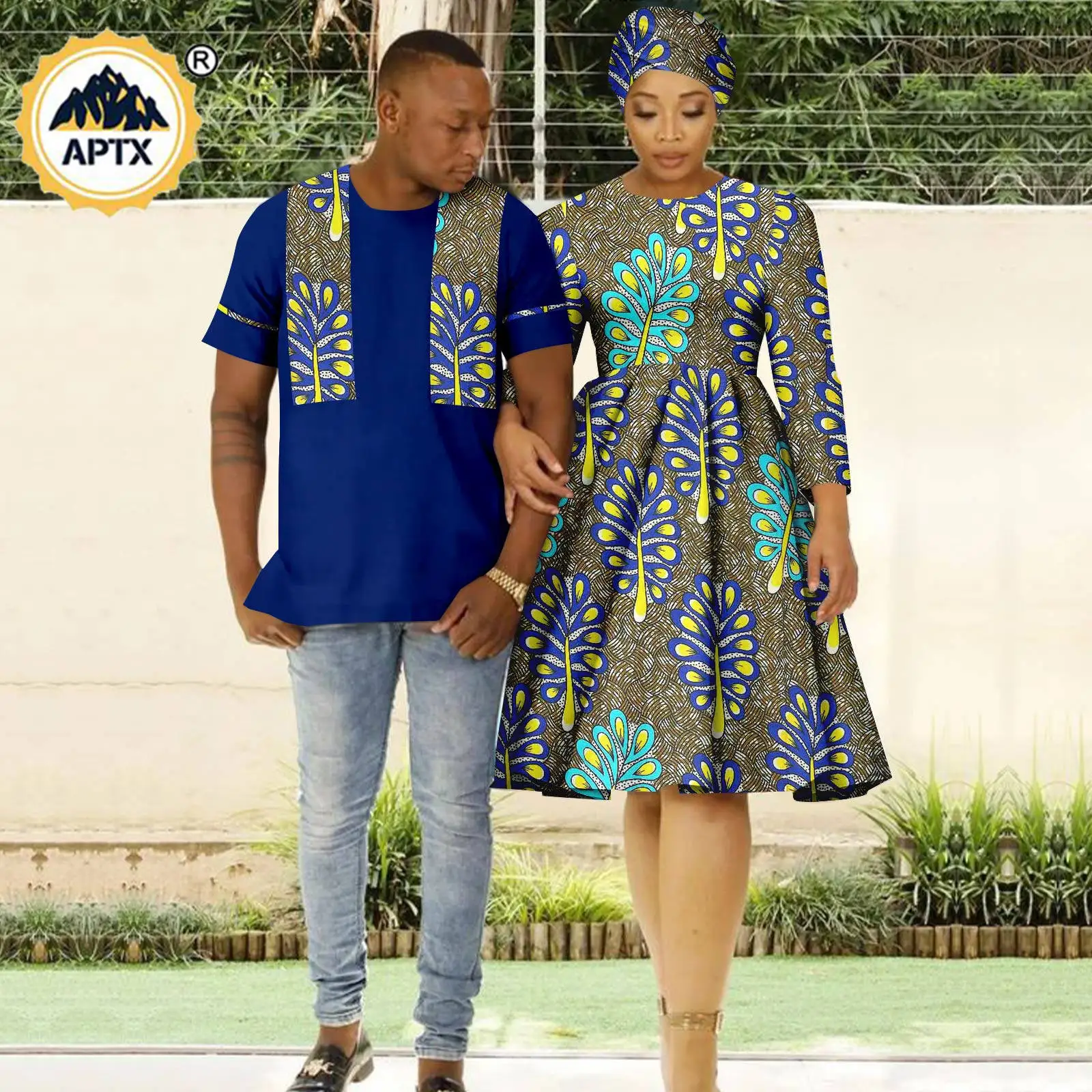 

Dashiki African Knee-length Print Dresses for Women Headwraps Matching Couple Outfits Bazin Riche Men Top Shirt Y23C064