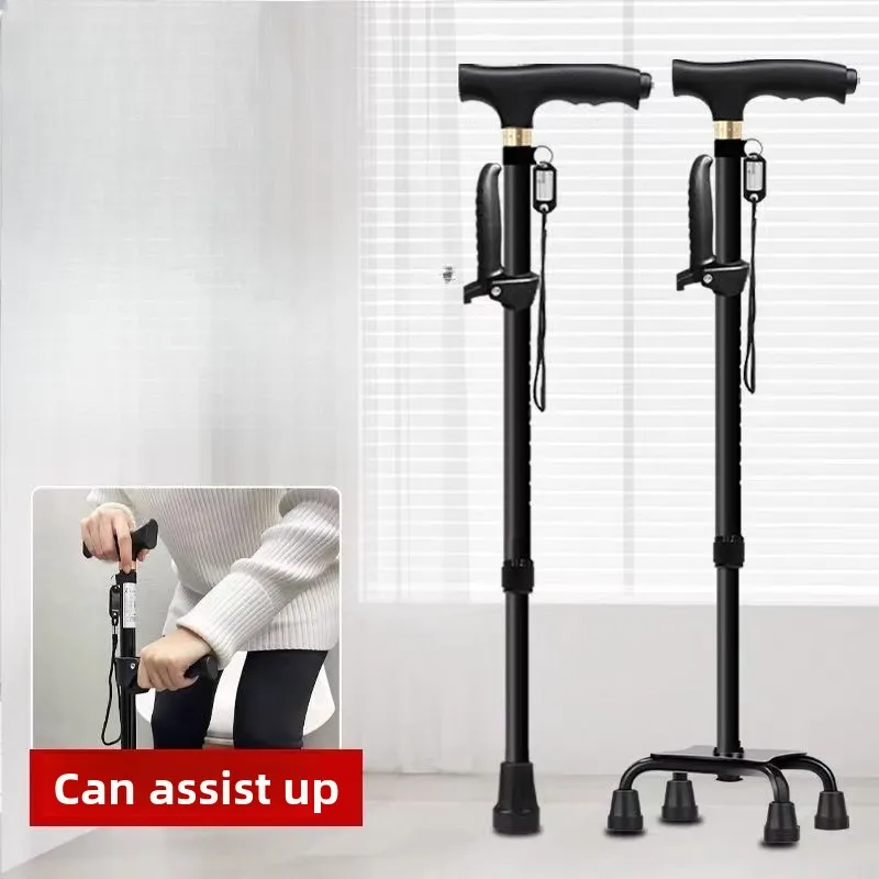 Stable Quad-Cane Walker: Lightweight Mobility Aid,Tire Shock Absorption Stick,Senior Walking Stability Assistant Height Adjust