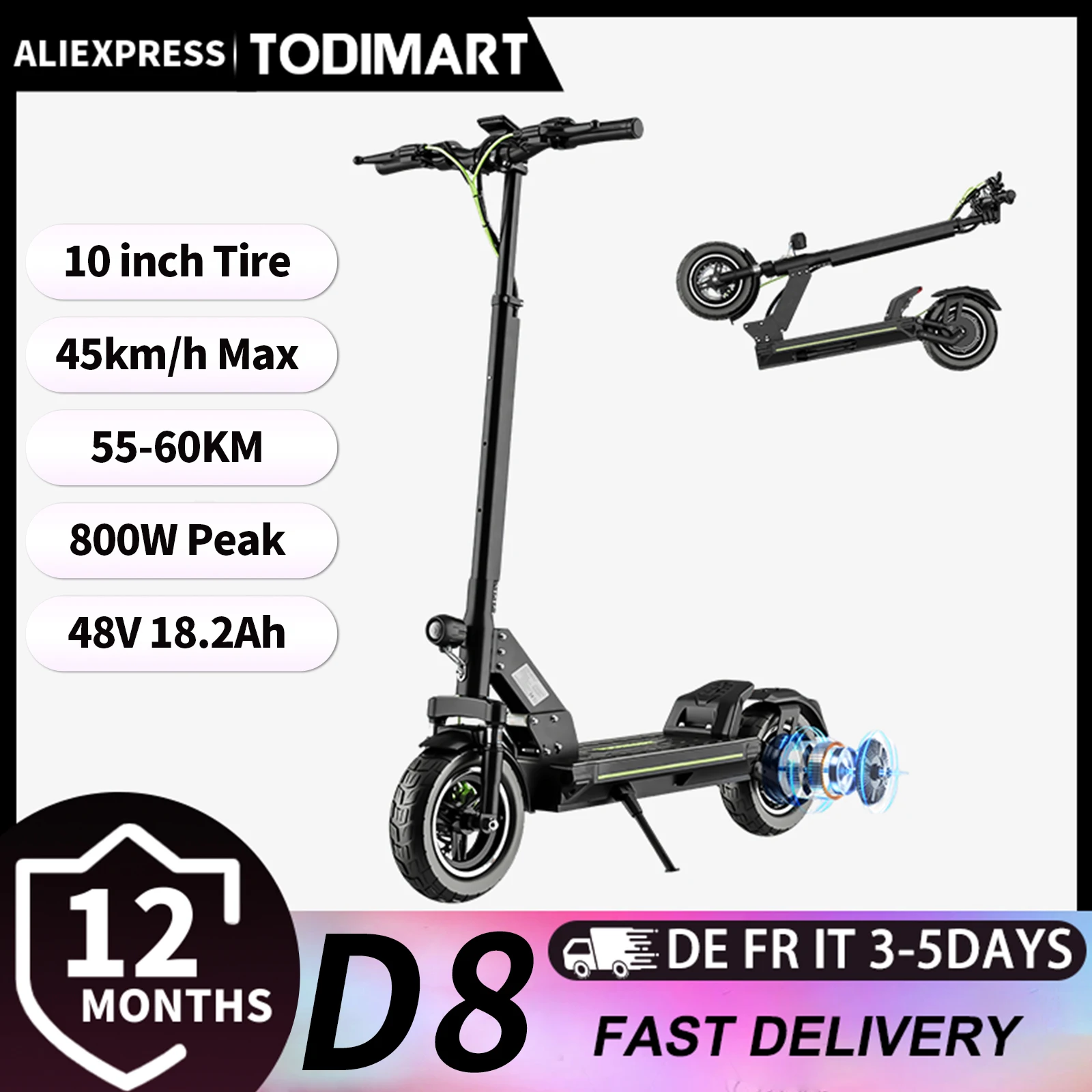 Trottinette électrique pour adultes TODIMART D8, moteur de 800 W de puissance maximale, 48 V 18,2 Ah, freins à disque doubles, autonomie de 55 à 65 km, trottinette électrique pliable