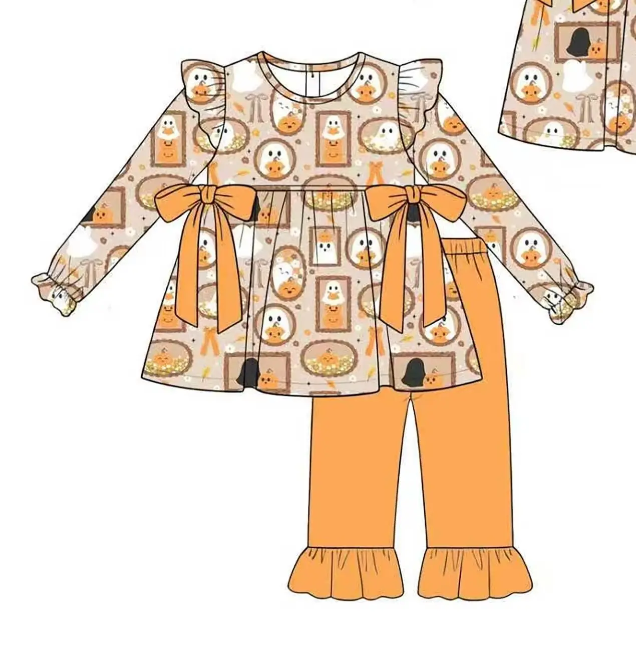 New Girls Witch Pumpkin Ghost Print Outfit Flutter Sleeve Bow Tunic Dress Ruffle Pants Toddler Kids Fall Halloween Set