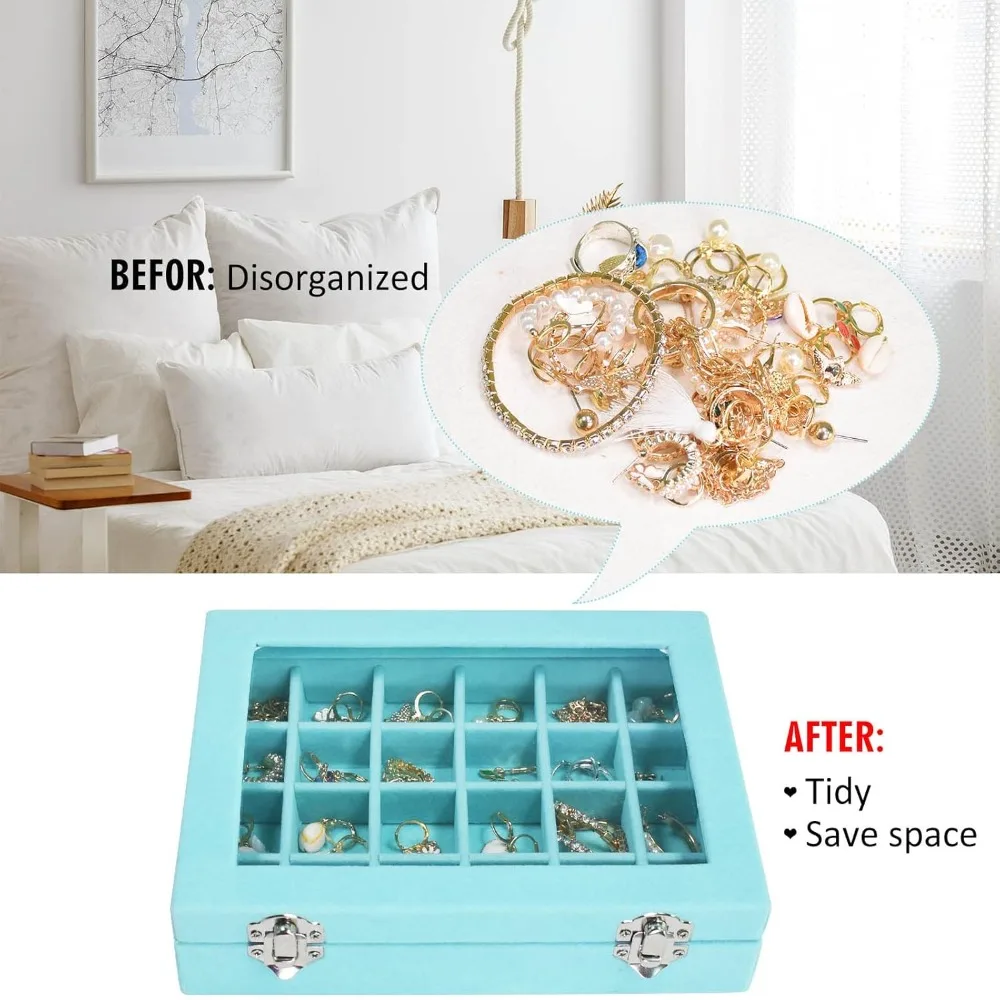 벨벳 링 박스 트레이, 방진 다기능 보석 정리함, 휴대용 데스크탑 보관함, 12 그리드, 24 그리드