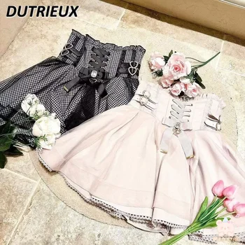 لوليتا تنورة فتاة على شكل قلب منقوشة حزام القوس الألغام سلسلة طبقة مزدوجة تنورة دانتيل المرأة الصيف الخريف جديد التنانير القصيرة Faldas