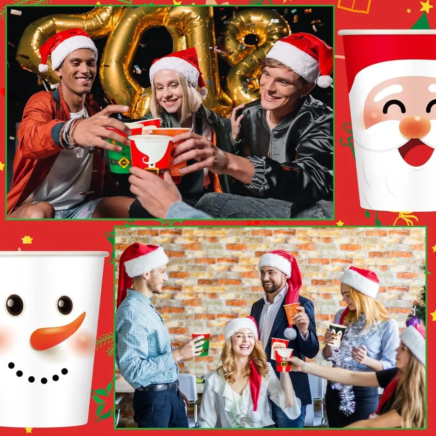 200 Pcs Christmas 9 oz Paper Cups Disposable Coffee Cups Santa Snowman Elk Disposable Hot Cups Xmas Party Drinkware Supplies fo