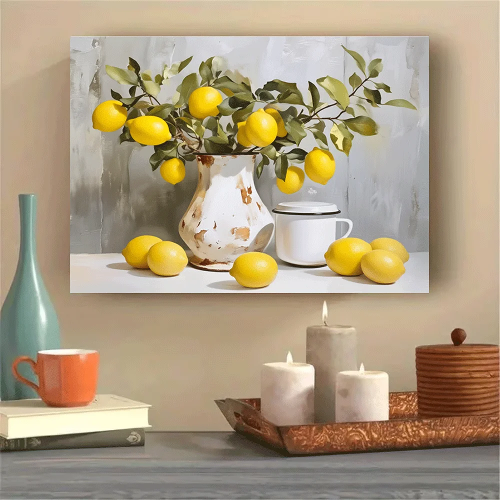1PC-Unframed Canvas poster Lemon Still Life Vase Art Print Decorative Wall Art Fresh Citrus Fruit Painting Home Decor
