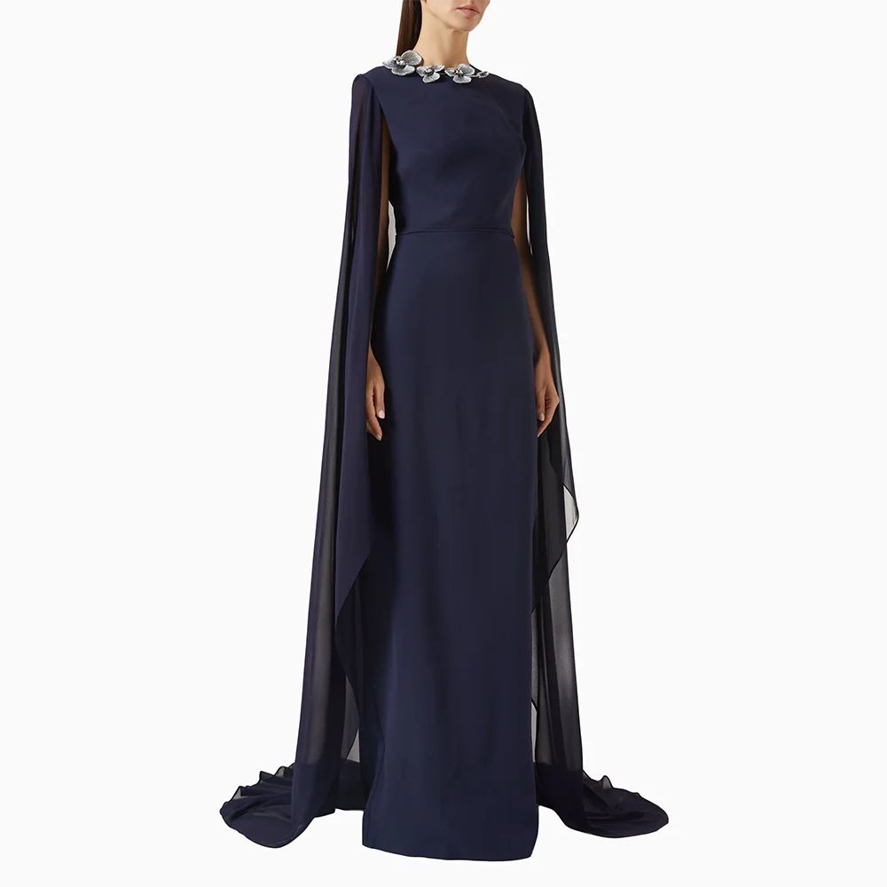 

Simple Long Evening Dress Customized O-neck Crysral Applique Prom Gowns Straight Floor Lenght Elegant Formal Party Dresses