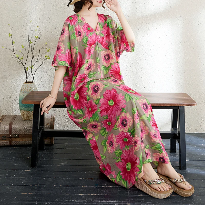 cotton knee length summer dresses Loose Fit Slimming Linen Print Short Sleeve V-Neck Dress Women's Knee-Length Overbust Artistic Style Citywalk Casual dress