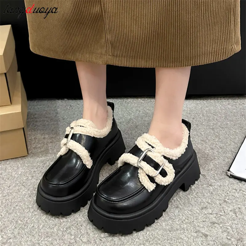 Herfst/Winter Britse stijl kleine leren schoenen Student Nieuwe preppy stijl Oxfords schoenen Vintage pluche warme katoenen schoenen voor dames