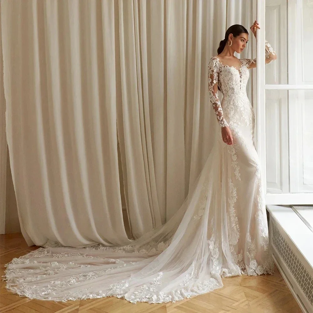 

Customized Hot Sale Lace Long Sleeve Wedding Dress Mermaid V Neck Applique Beading Bride Bridal Gown Vestidos