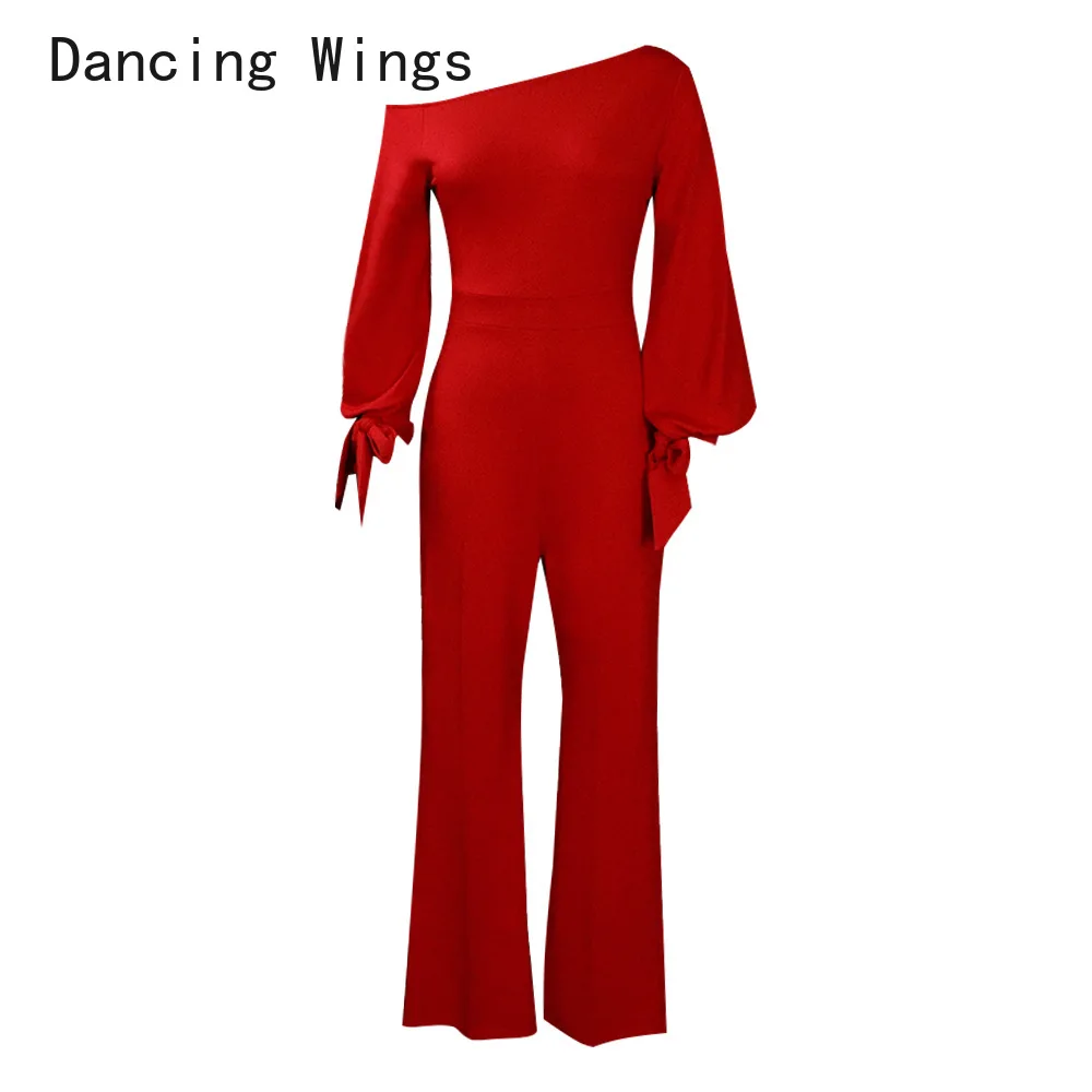 Women Jumpsuit Solid Off Shoulder High Waist Long Lantern Sleeves Office Ladies Elegant Female African Fashion XXL New