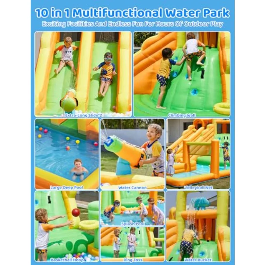 Inflatable Water Slide for Backyard, 10 in 1 Water Park with Double Long Slides, Climbing Wall, Basketball Hoop, Water Cannon,