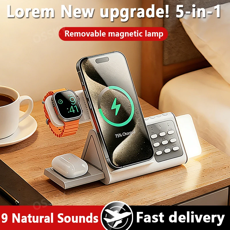 

5-in-1 Wireless Charging Station 9 Natural Sound Effects for iPhone 17 16 Pro Max IWatch 11 Gift Detachable Magnetic Night Light