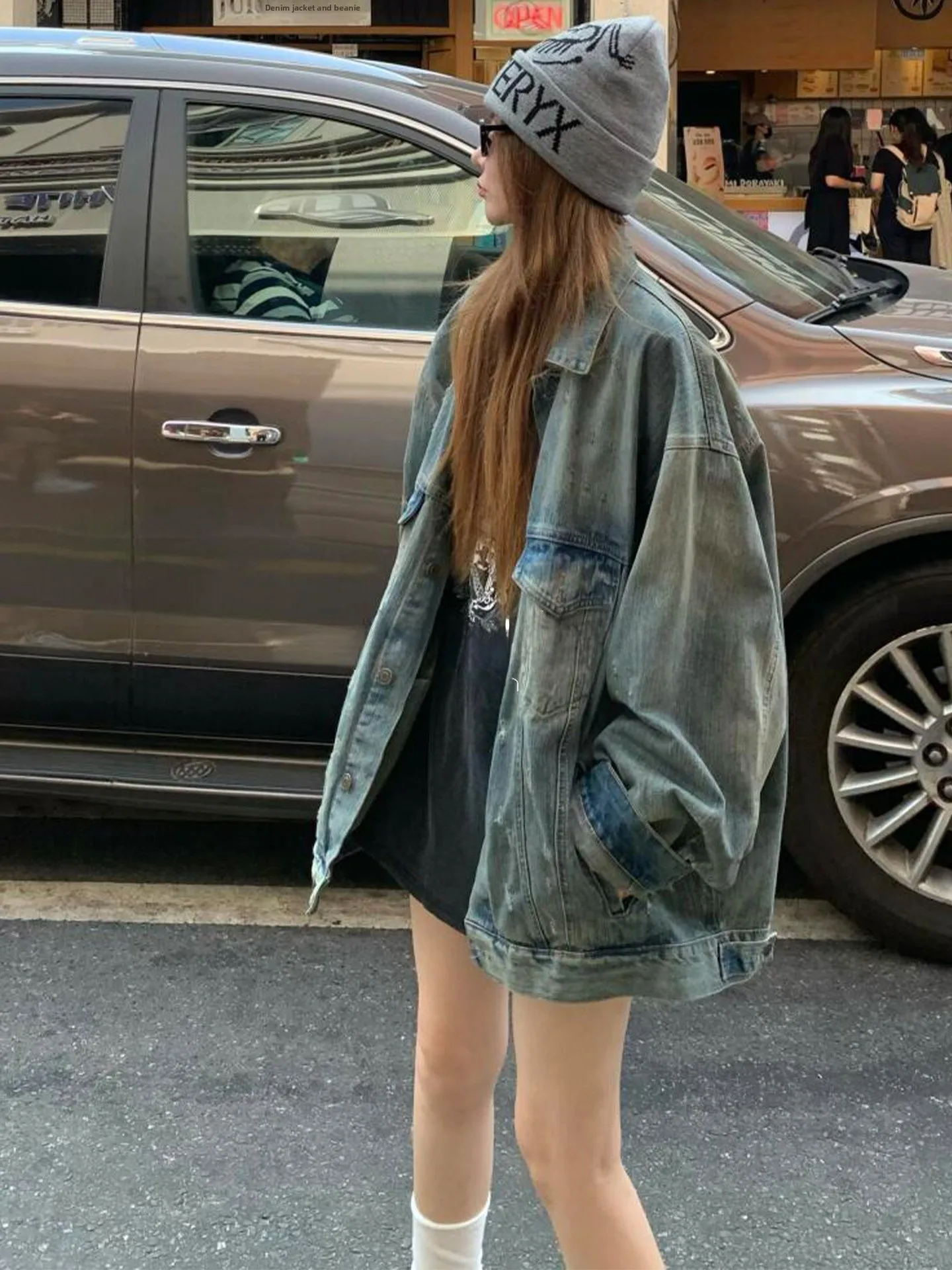 

ROUJE KEFSS Vintage Waed Denim Jaet Women's Loose Casual Faion Top Autumn Lazy Sle High Waist A-Line Skirt