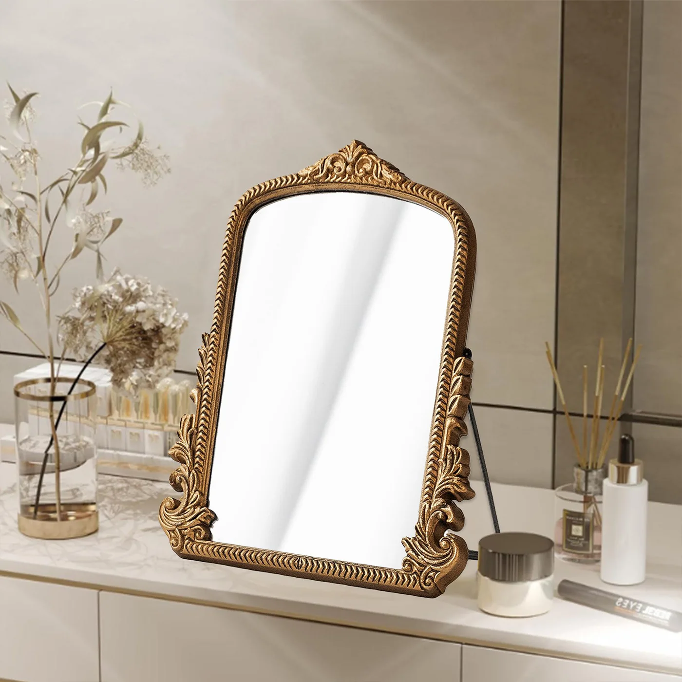 Retro French Desktop Baroque Ornate Wall Makeup Mirror Arched Gold Carved Wooden Frame Living Room Bedroom Decoration