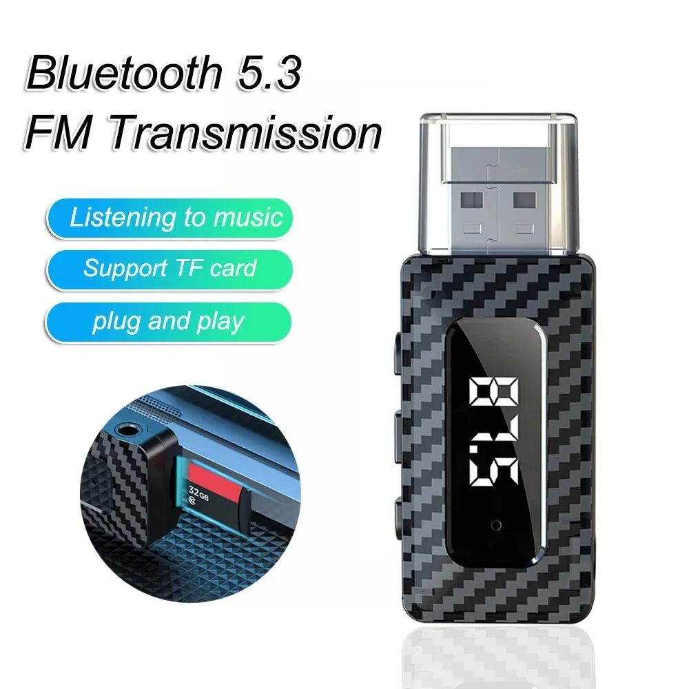 Bluetooth 5.3 Transmitter Receiver Wireless Audio Adapter With LED Display Handsfree Call Car Kit For FM Radio Support TF card