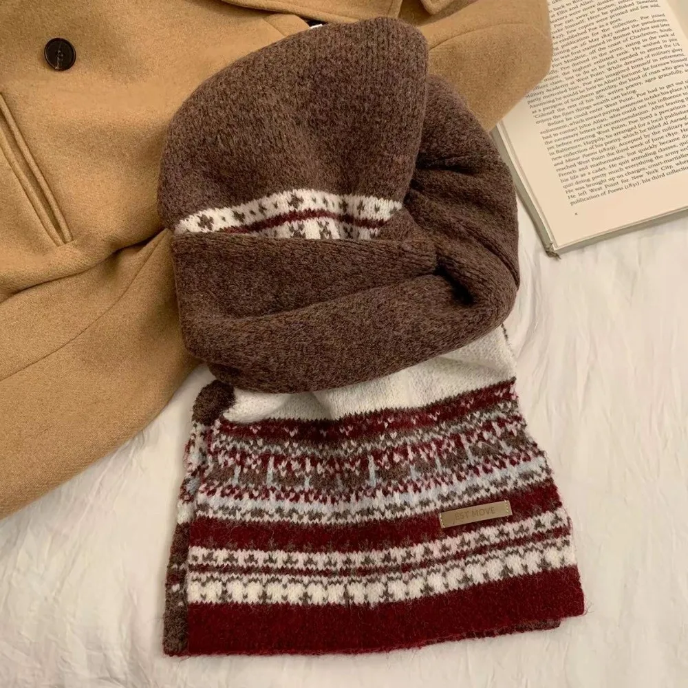 New Fair Isle Pattern Patchwork Scarf Thicken Vintage Design Warm Neck Scarf Keep Warm Women's Scarf For Women