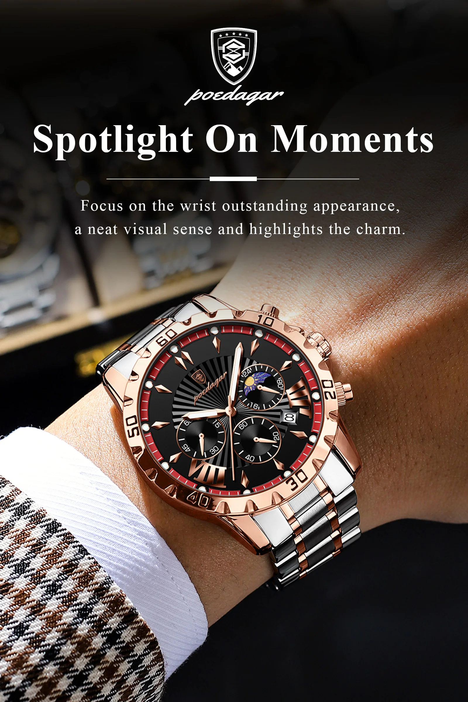 POEDAGAR Top-Luxus-Herrenuhr, Leuchtend, Wasserdicht, Edelstahl, Quarz, Chronograph, Datum, Militäruhr für Herren – Detail 5