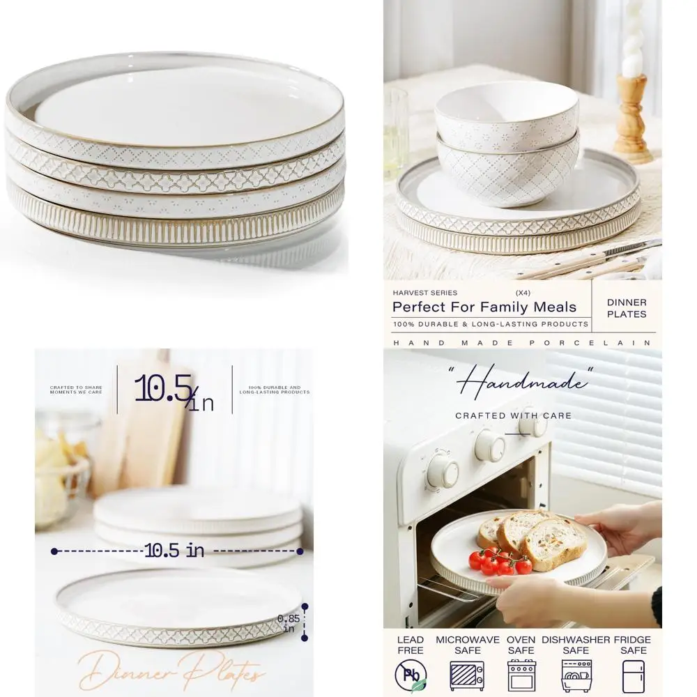 

10.5” ceramic dinner plates, set of 4, microwave & dishwasher safe, salad pasta deep plates with embossments set of 4