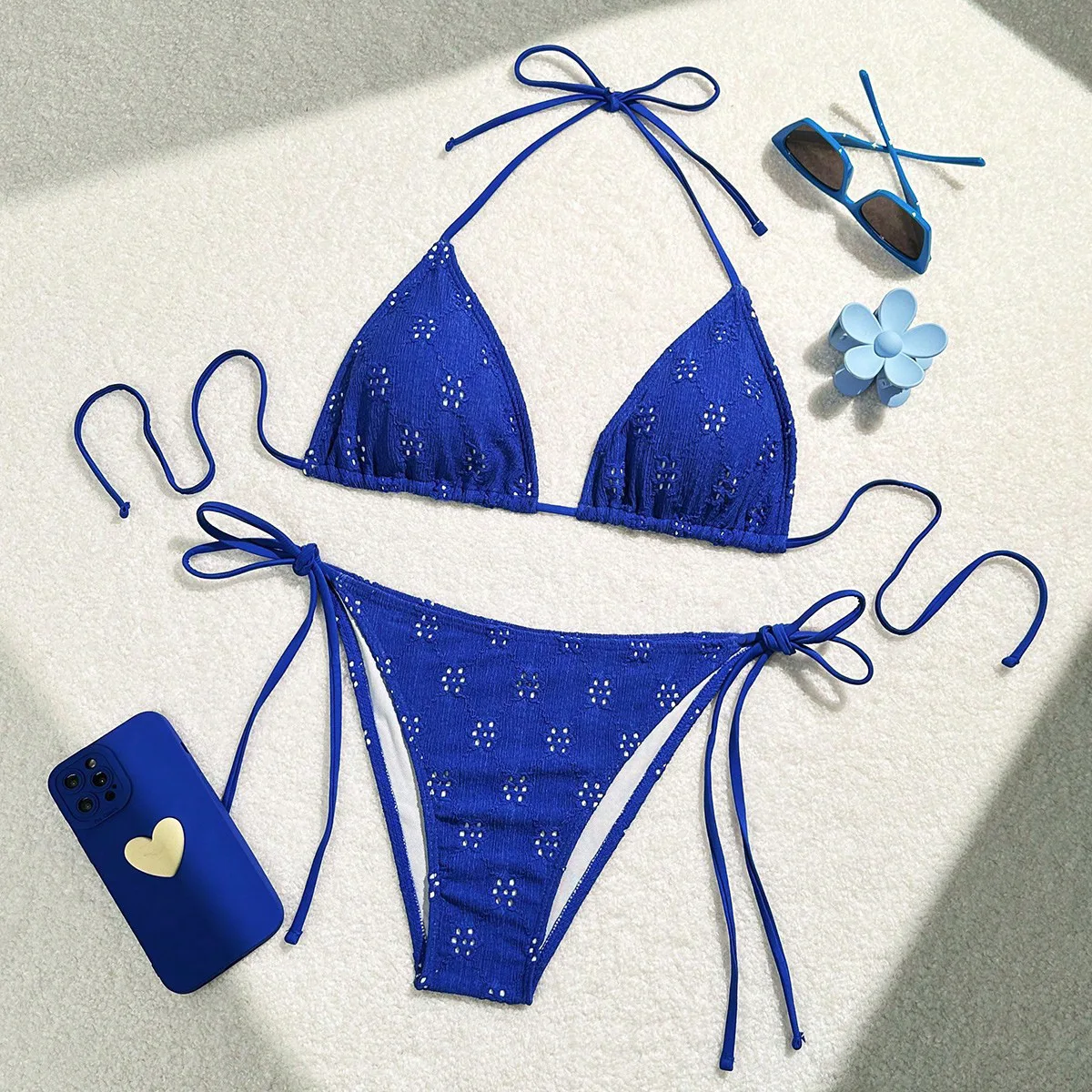 sexy blue flower hollow out halter tie bikinis sets two pieces string swimsuit bathing suit beach outfits biquini tankini