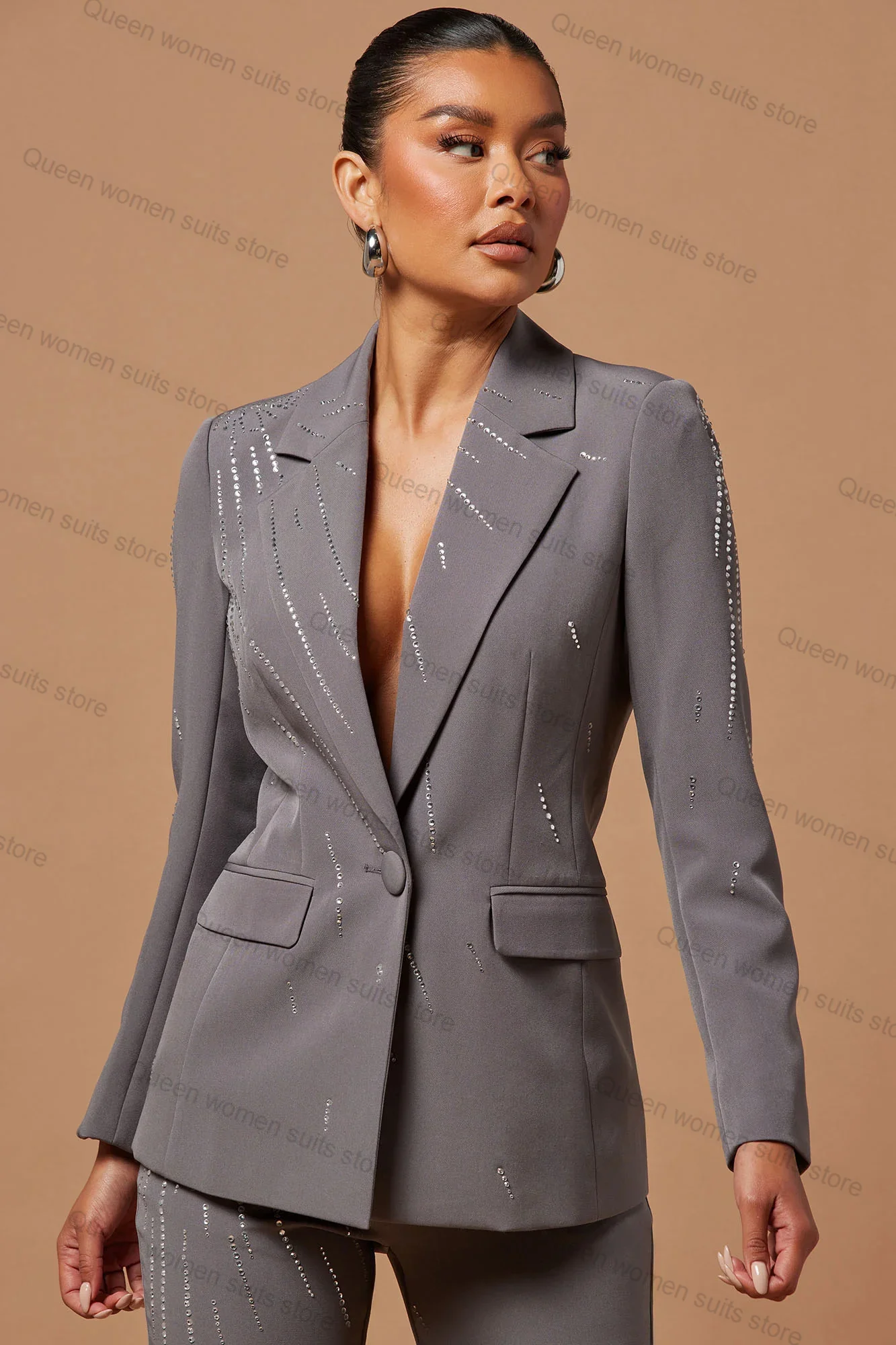 Grey Women Suit Pants Set 2 Piece Crystals Blazer+Trousers Wedding Tuxedo Formal Office Lady Cotton Jacket Tailored Made Coat