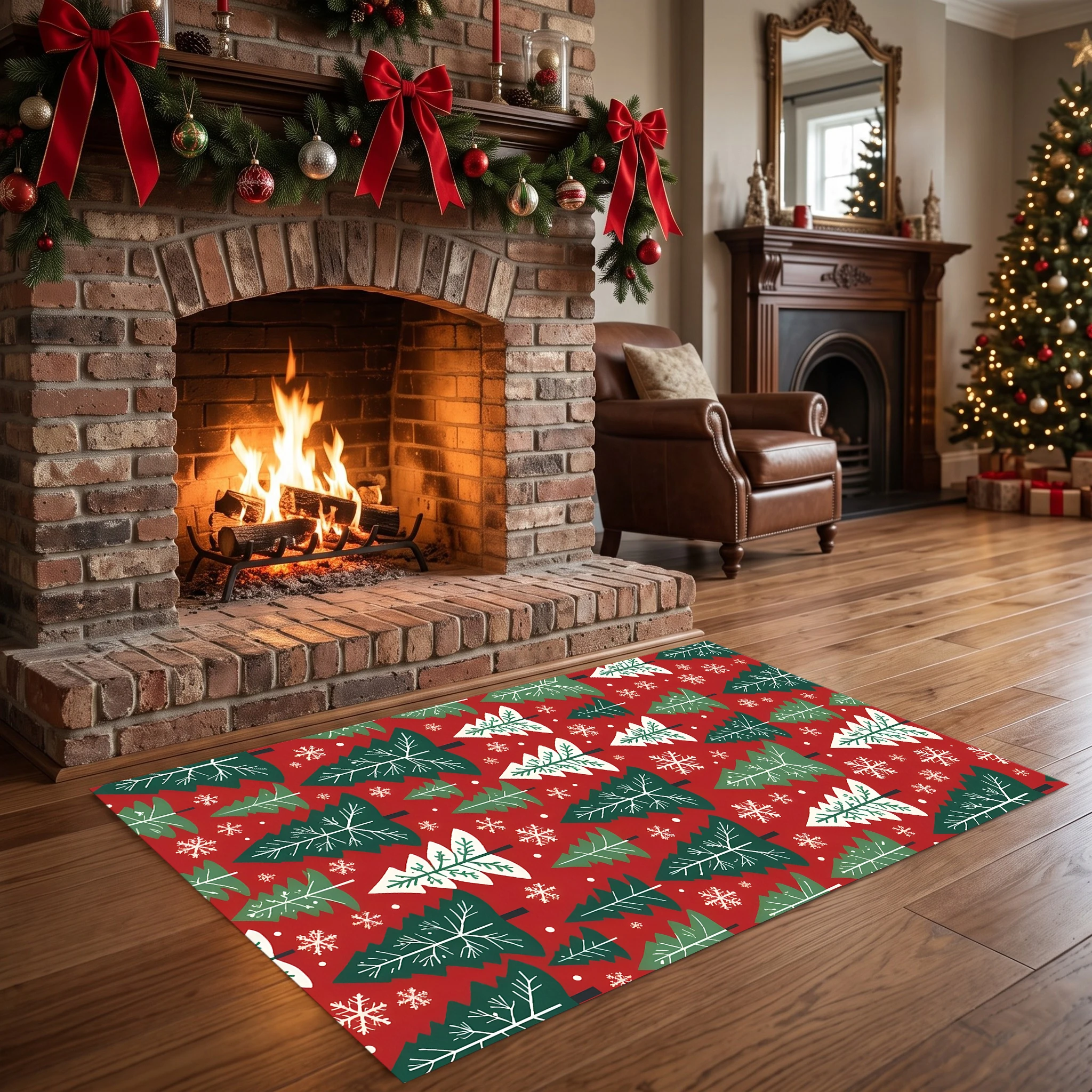 Snowflake Tree Print Velvet Area Rug, Christmas Style, for Living Room Bedroom Entryway, Autumn Winter