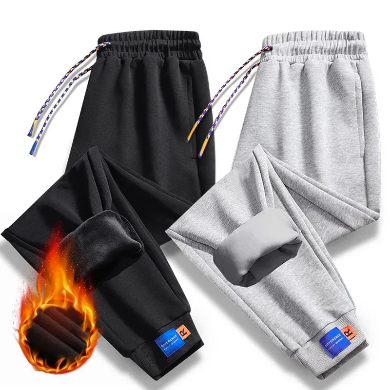 Pantalones de chándal gruesos con cordón para hombre, pantalones de vellón para correr, pantalones deportivos de terciopelo cálido, moda de invierno