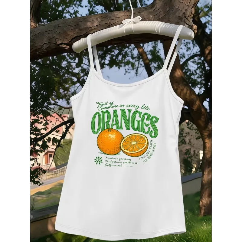 Retro Orange Fruit Graphic Women Spaghetti Strap Tank Top Camisole Summer Sleeveless Vest Aesthetic Streetwear Holiday Daily