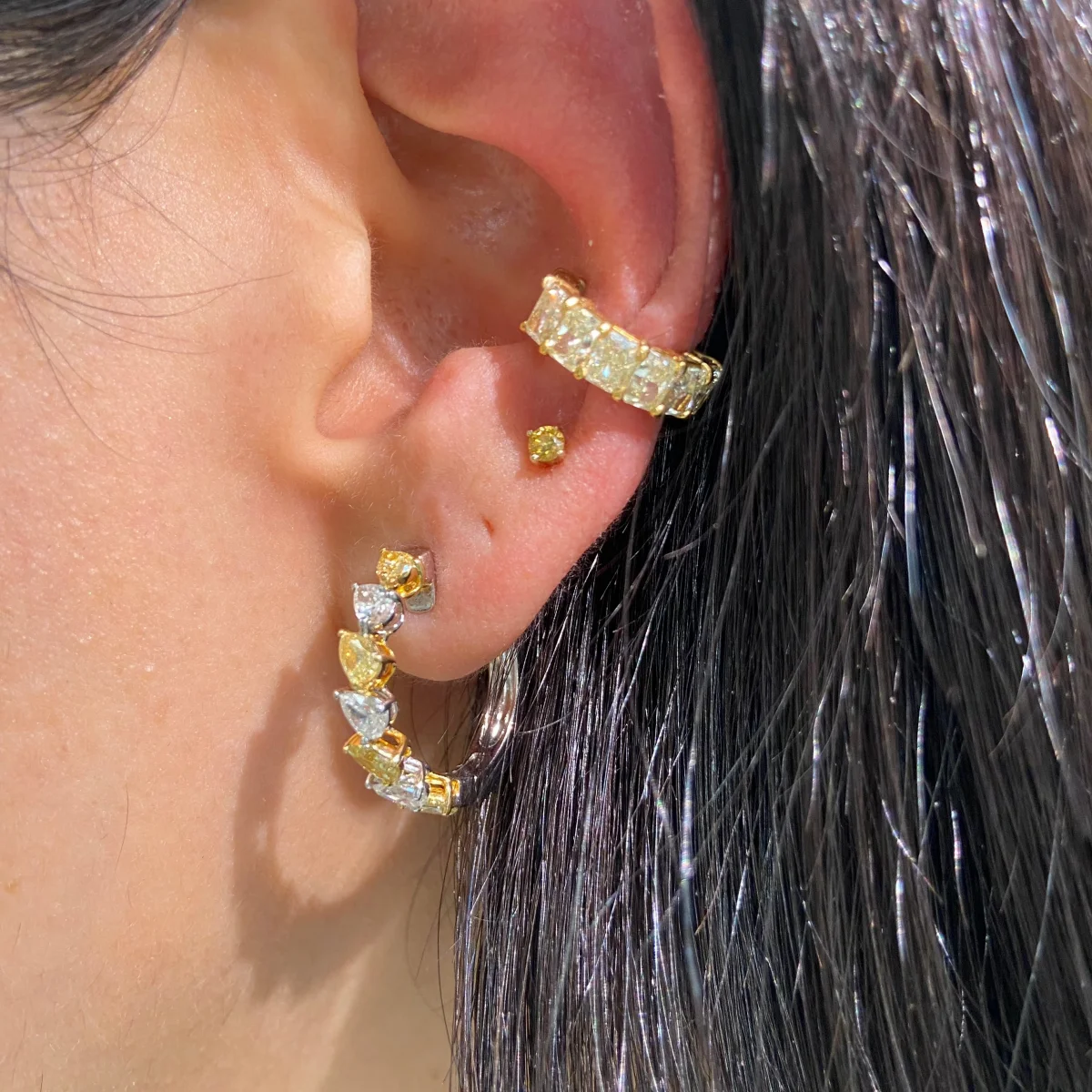 9K/14K/18K Yellow Gold Stackable Single Ear Cuff With Multi Radiant Cut Lab Grown Fancy Yellow Diamonds IGI Certificate