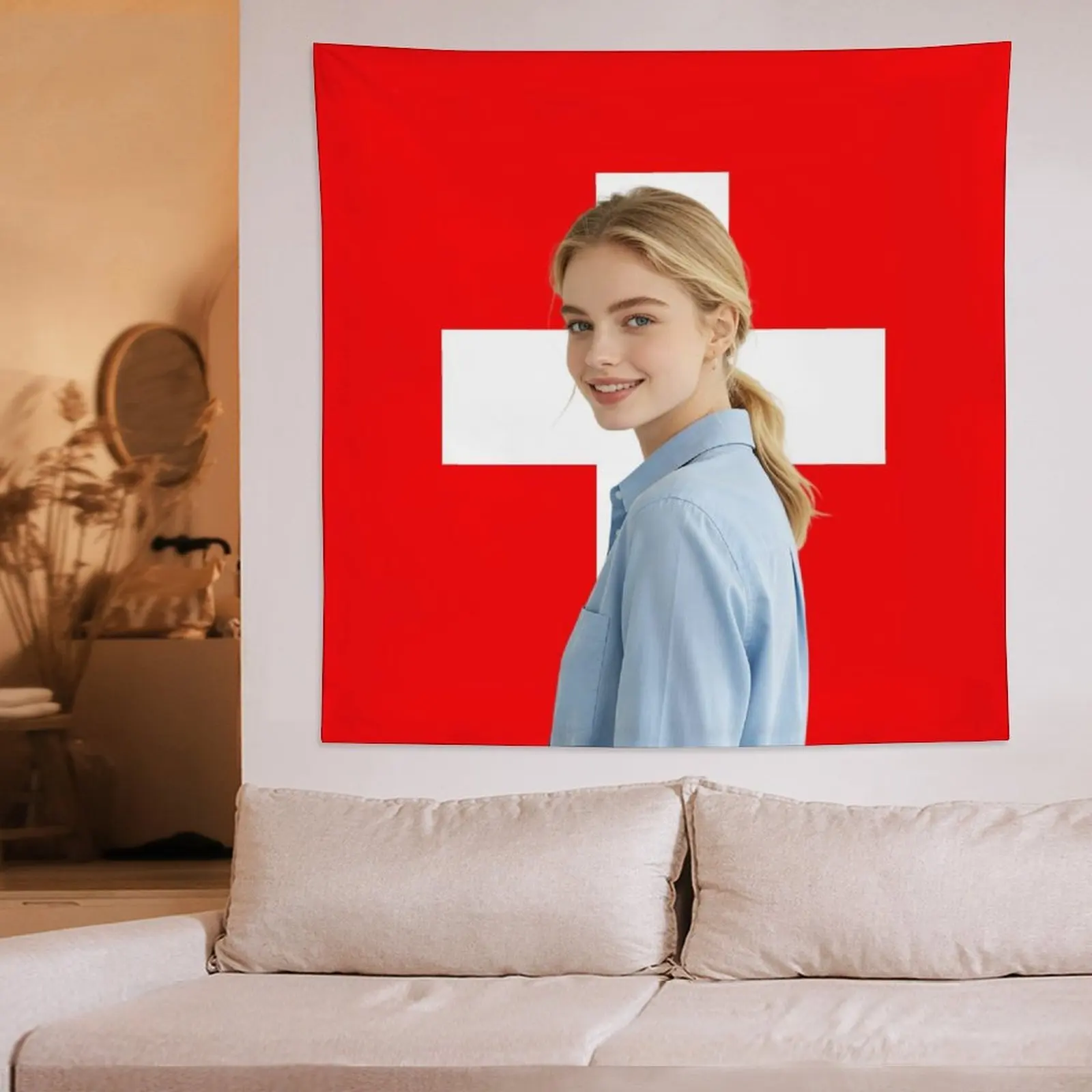 Custom Square Swiss Flag Tapestry, Personalized Banner Photo/Logo/ Text for Bedroom Room Decor Gift, Durable Polyester 4 Eyelets