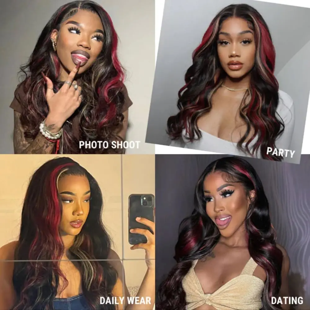 Black Red Blonde Highlight Wig Human Hair 13x4 Body Wave Lace Front Wig 180% Density Pre Plucked Colored Brazilian Wig For Women