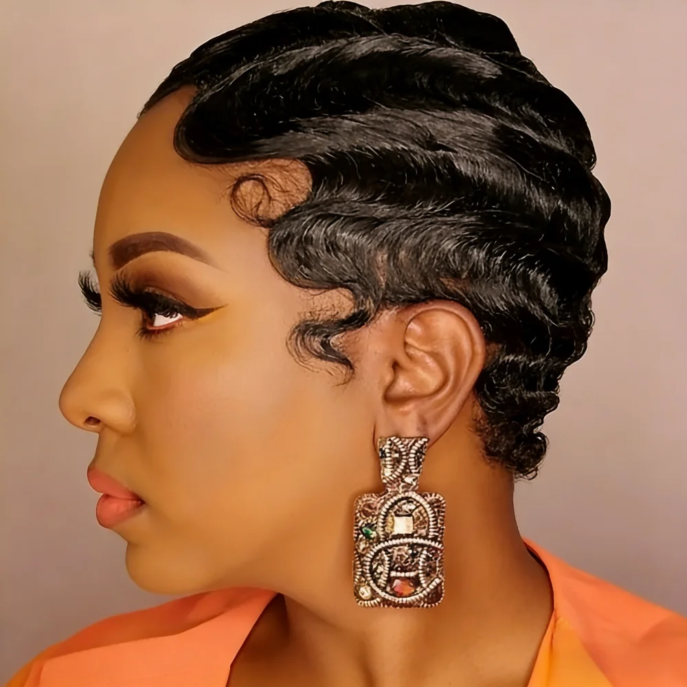 

Короткий парик с глубокими волнами | Шапочка для париков из сетки (150% плотность), машинного производства, натуральный цвет, универсальная укладка, быстрая смена прически, Fas